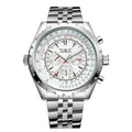 Men's double calendar automatic mechanical watch with 48mm steel round case and alloy strap, sports style pointer display.