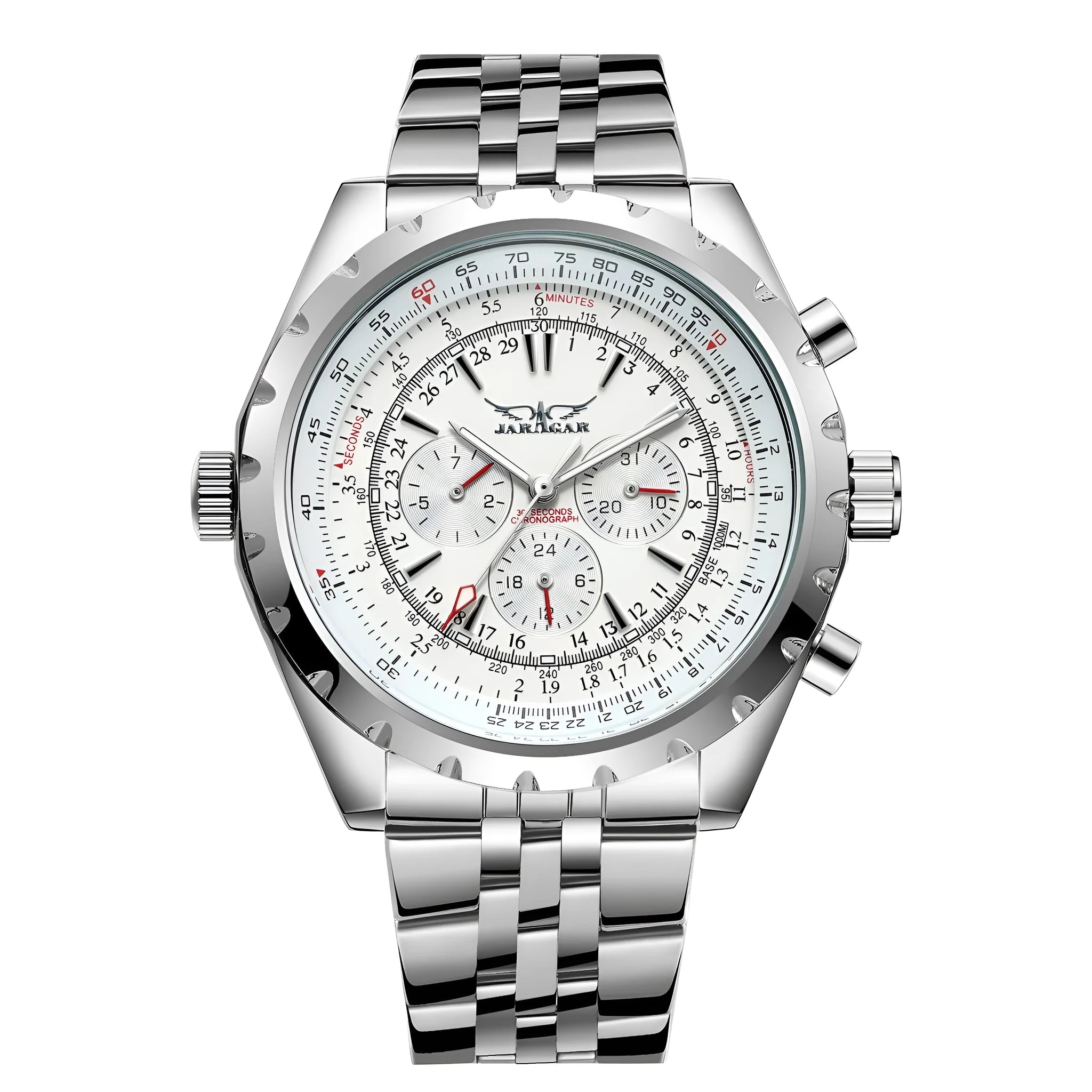 Men's double calendar automatic mechanical watch with 48mm steel round case and alloy strap, sports style pointer display.
