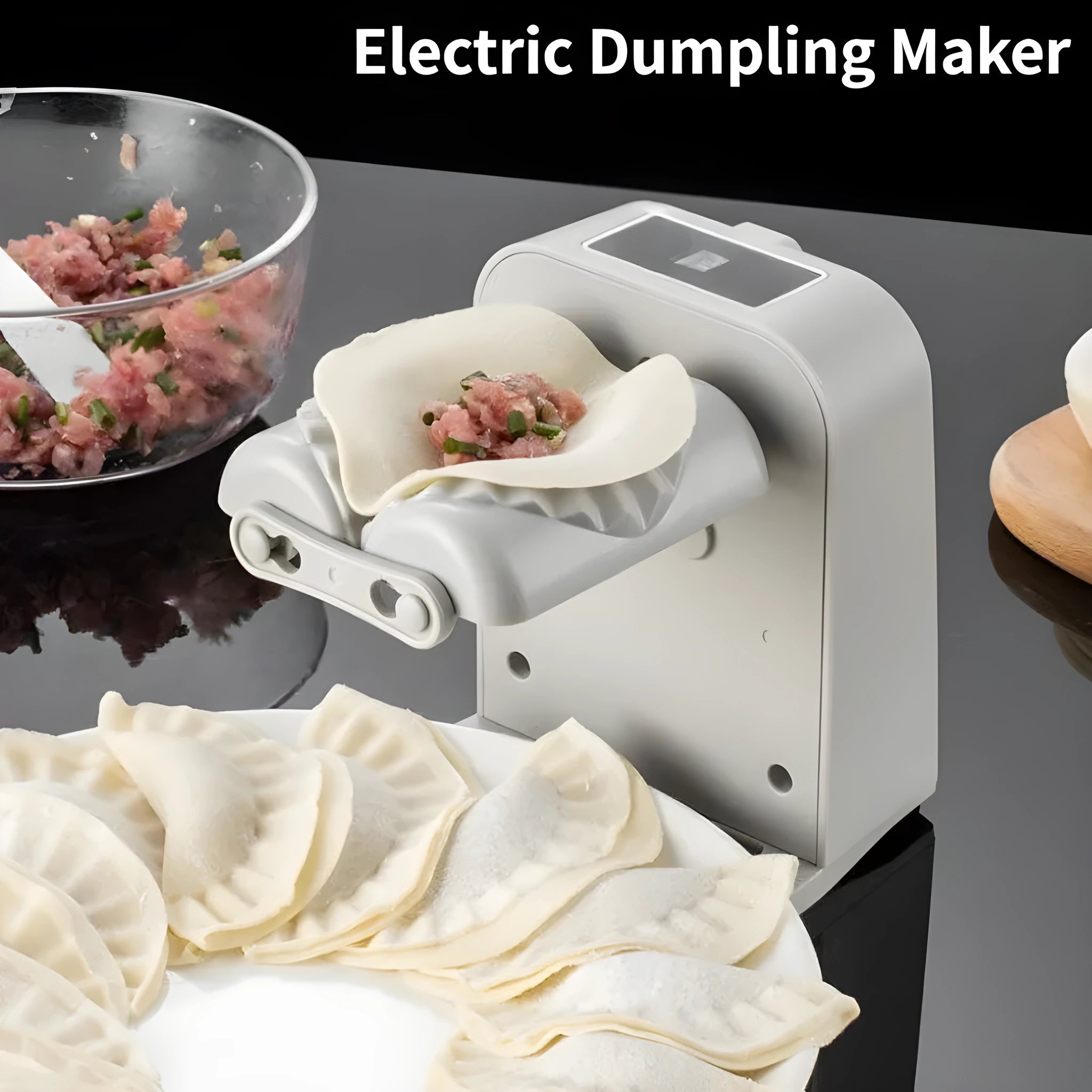 White electric automatic dumpling maker machine with USB charging cable and accessories