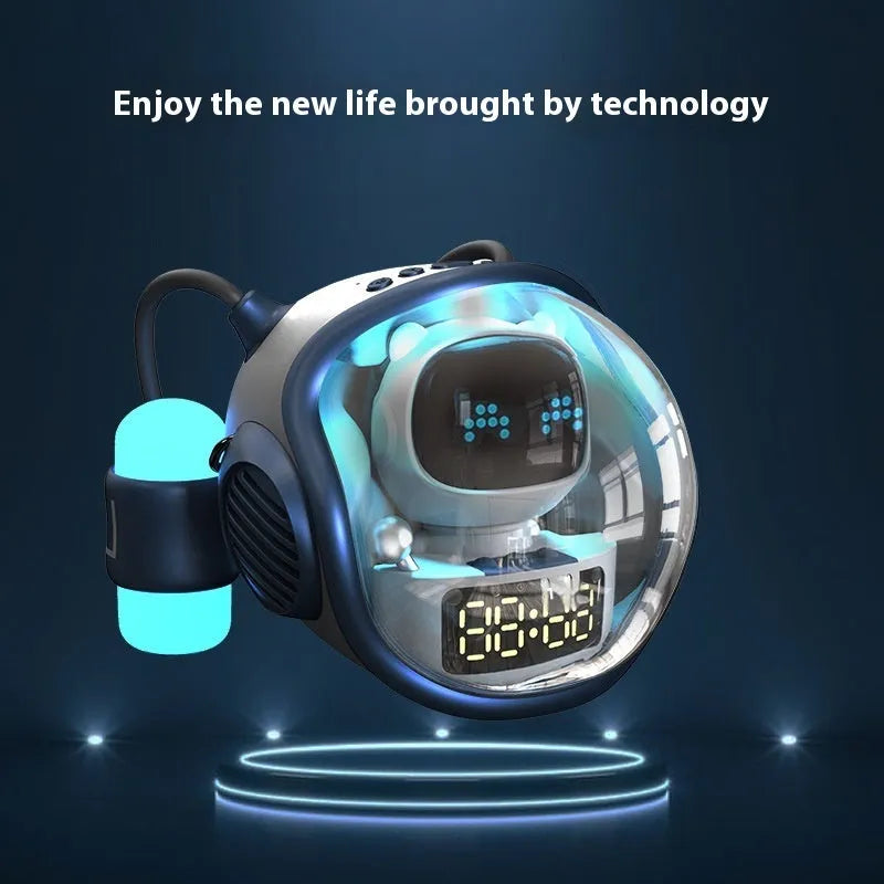 M60 spacecraft Bluetooth speaker in white with AI voice and rhythm ambience light on a desktop