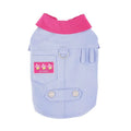 Blue and purple polyester dog vest with traction rope ring showing size options from XXS to XXL