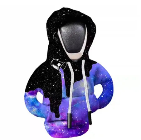 Cloth car gear shift knob hoodie cover in multiple colour options next to a gear lever.