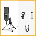 PM461 coloured USB condenser microphone with tripod and shock rack for desktop recording.