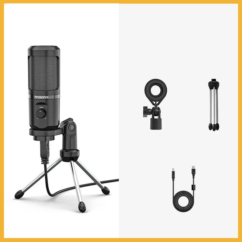 PM461 coloured USB condenser microphone with tripod and shock rack for desktop recording.