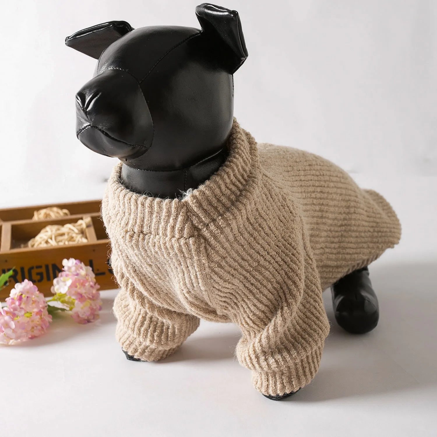 Brown cloth dog sweater pullover for small breeds on model dog