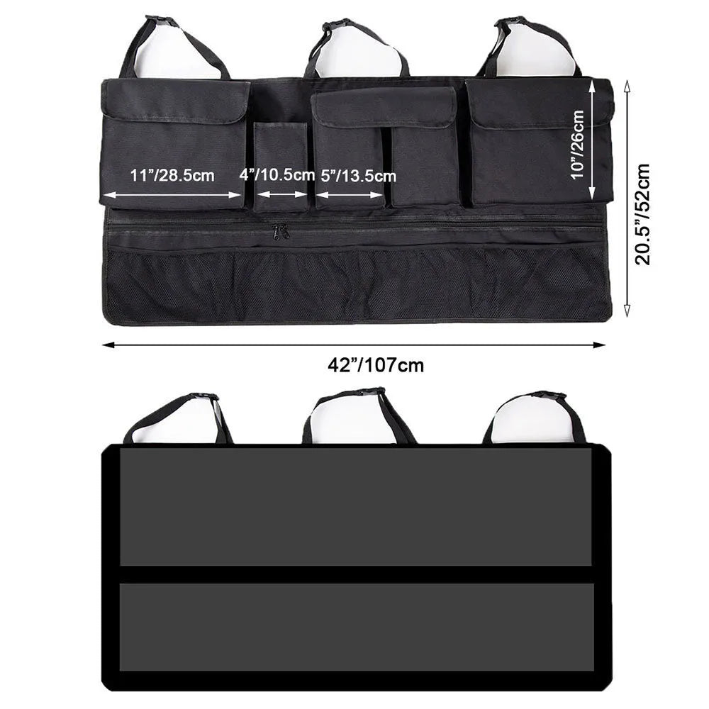 Black car trunk hanging storage organiser with handle made from waterproof Oxford cloth