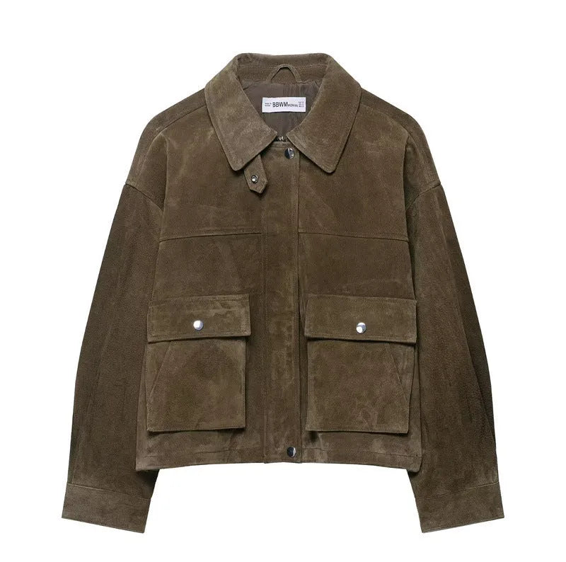 Women's PU leather jacket in regular fit with Japanese Korean casual style design