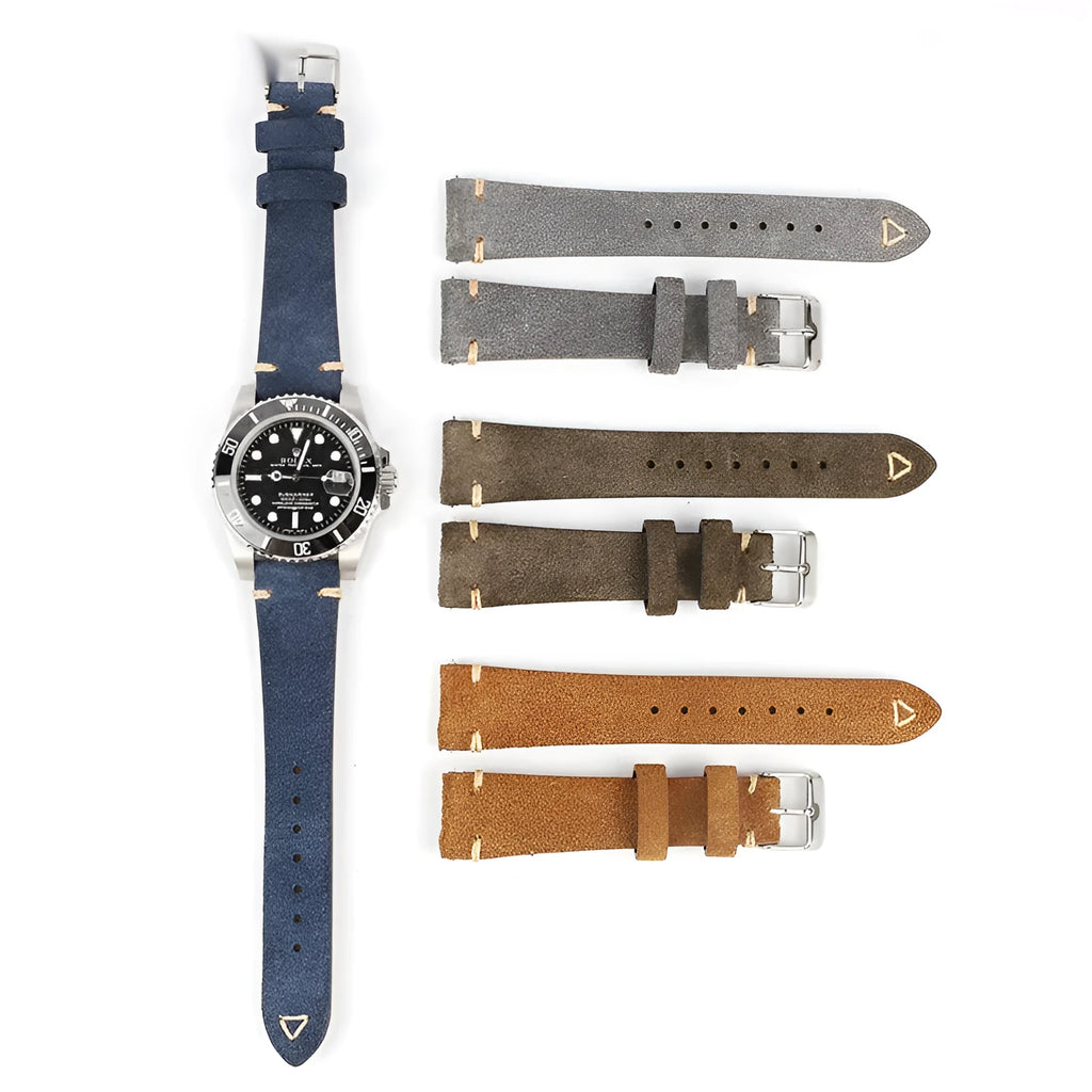 Genuine suede leather watch strap in small waist design showing colour options: brown, blue, grey, army green.