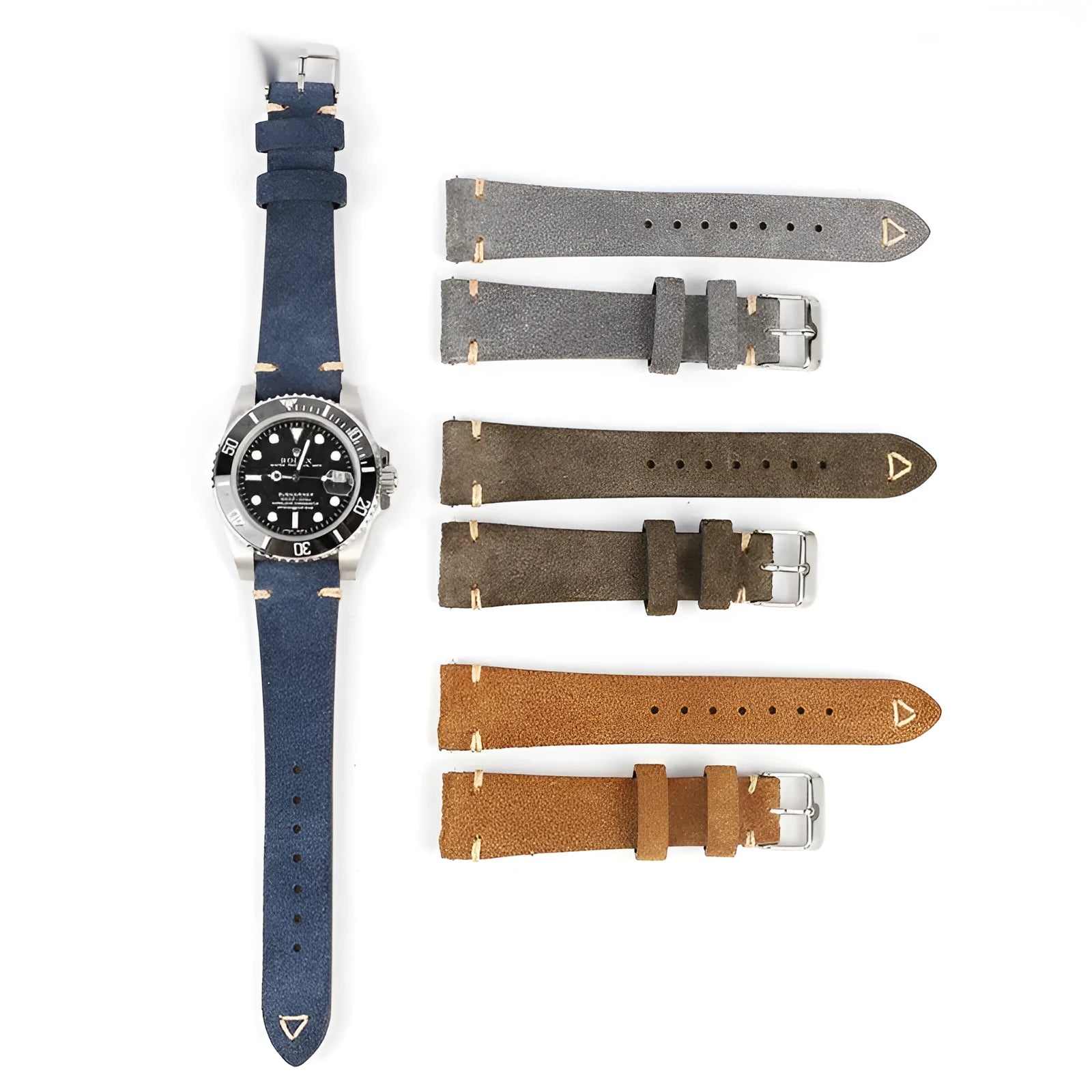 Genuine suede leather watch strap in small waist design showing colour options: brown, blue, grey, army green.