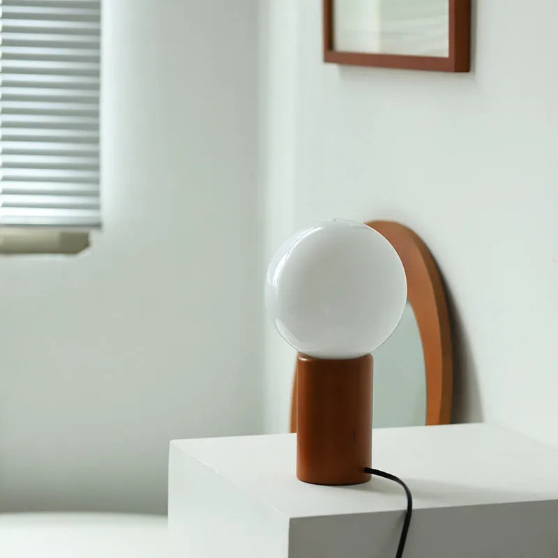 Retro solid wood glass table lamp with bamboo holder, cylindrical glass shade, and button switch in white, retro, or black