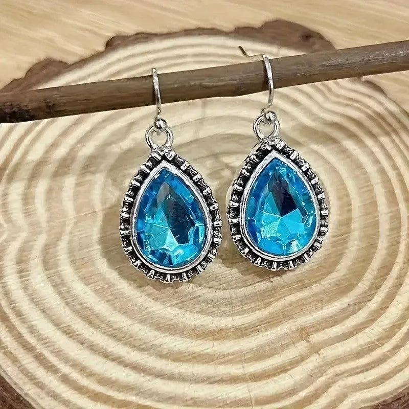Silver alloy drop earrings with blue gem inlay, retro style, unisex design