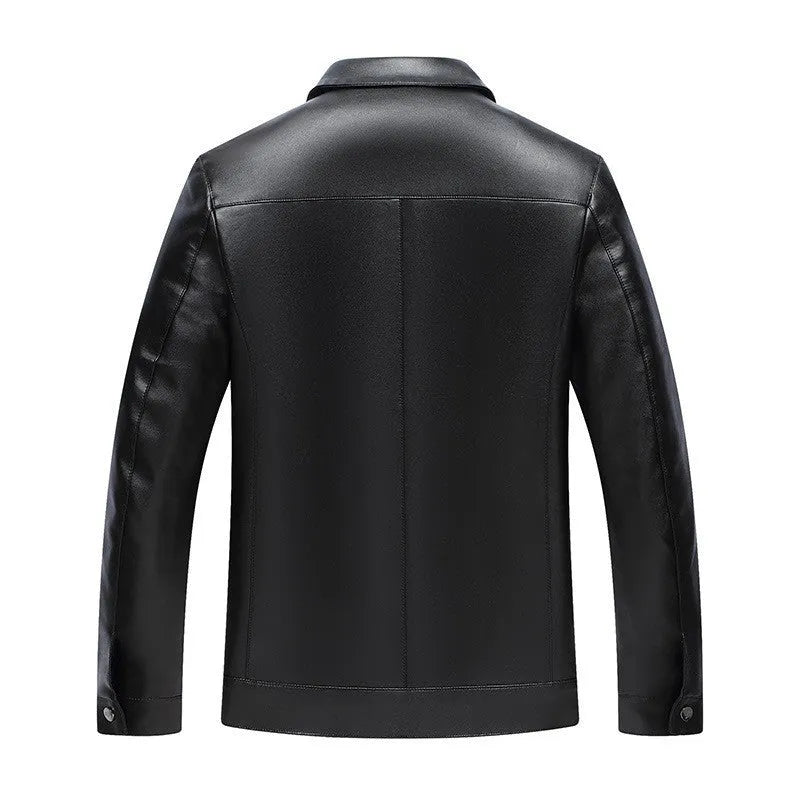 Black turn-down collar PU leather jacket with straight hem and patch pockets for men