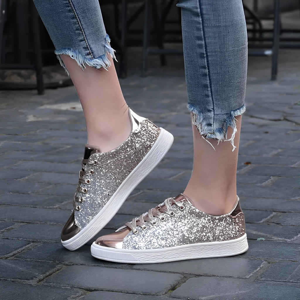 Women's black sequinned low-top lace-up shoes with a round toe and rubber sole