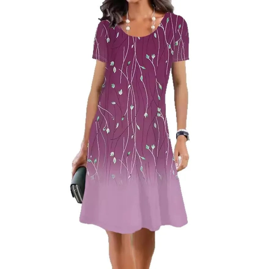 Women's floral print Ice Silk midi dress with short sleeves on a hanger.
