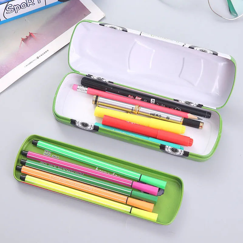 Cartoon pattern racing car shape metal tinplate pencil case with double-layer design