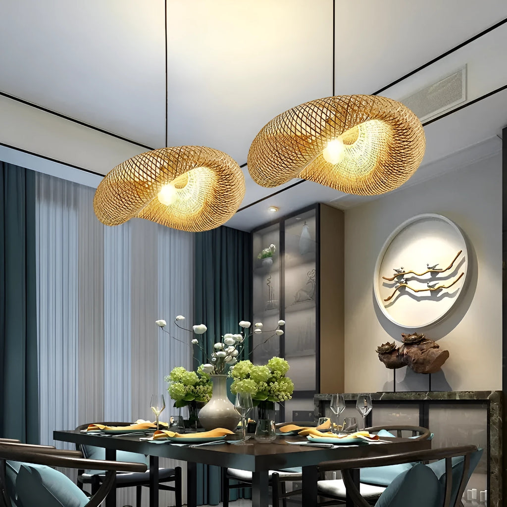 Natural woven bamboo straw hat-shaped pendant ceiling lamp with an open weave design.