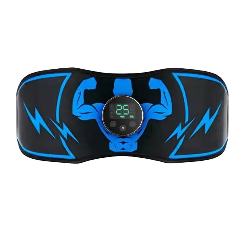 Blue EMS abdominal muscle stimulator belt with wireless remote control and rechargeable power source