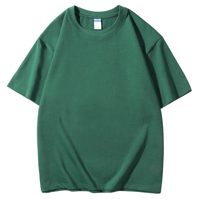 Man wearing a heavyweight 300g cotton round neck t-shirt in a loose European fit, available in multiple colours.
