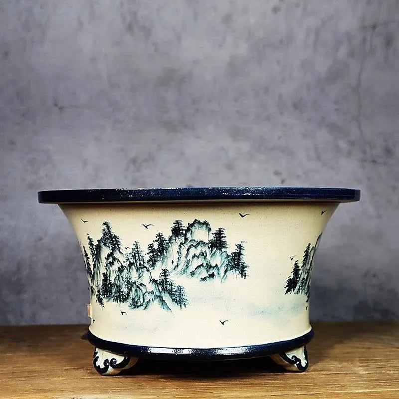 Lingnan Shiwan glazed ceramic flower pot with hand-painted high mountains landscape design, wide mouth, 21cm to 35cm