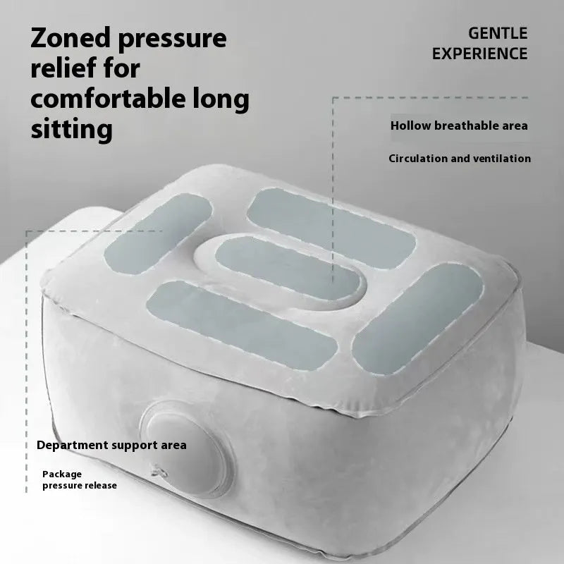 Inflatable seat cushion with flocked surface, shown inflated and folded for portability.
