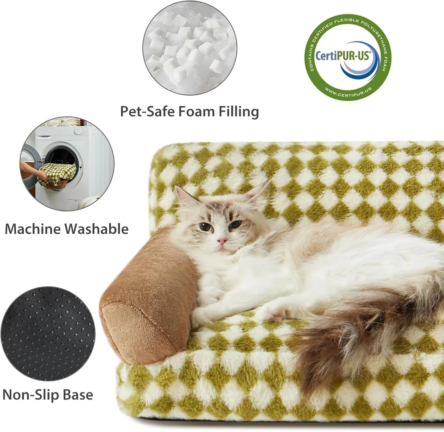 Checkered grey and white pet couch bed for a small dog or cat, showing removable cover and non-slip bottom.