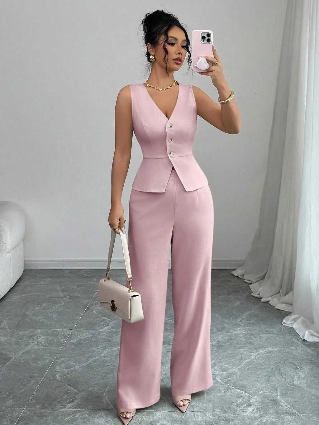 Women's casual two-piece set with sleeveless vest and high-waist trousers in solid colours