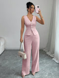 Women's casual two-piece set with sleeveless vest and high-waist trousers in solid colours