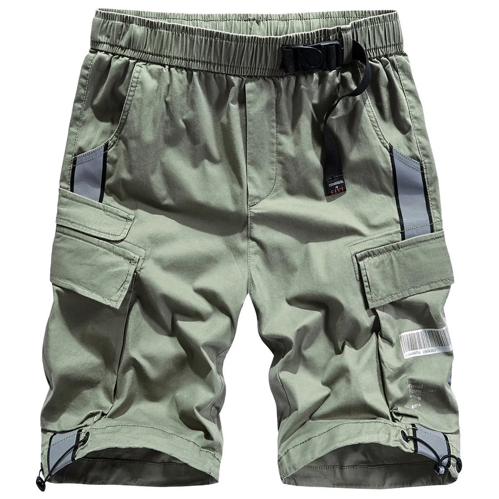 Men's cotton cargo shorts in solid black, mid-waist fit, size M to 3XL
