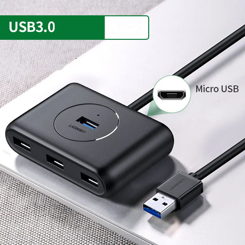 USB hub splitter 4-port ABS plastic Deep Black with indicator lights and Micro USB power port