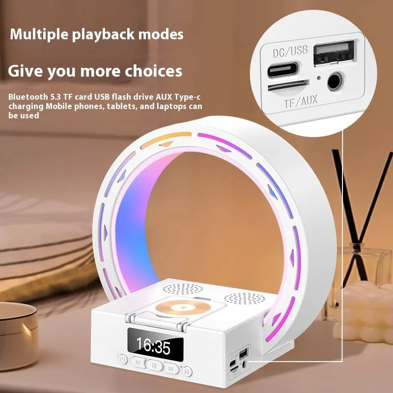 White multifunction Bluetooth speaker with wireless charging pad, digital clock display, and bedside lamp features