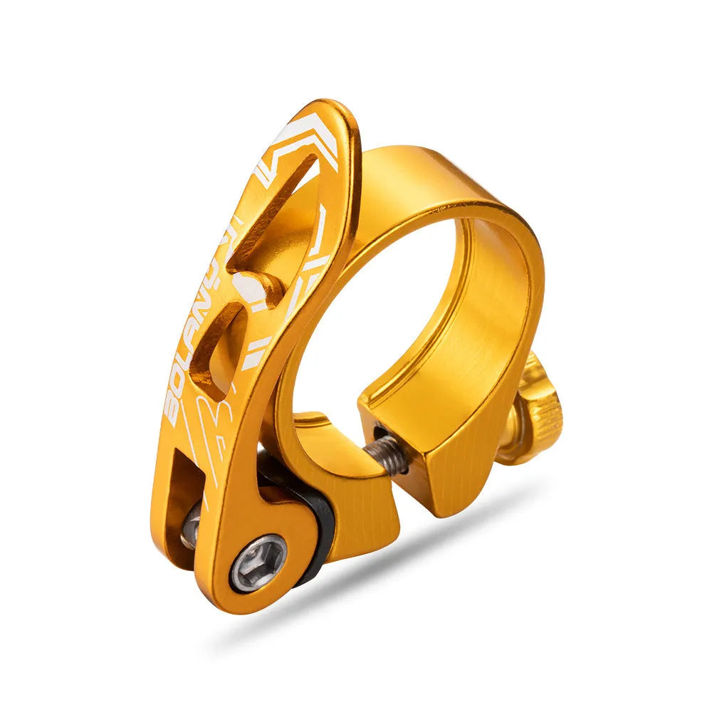 Aluminium alloy bicycle seat post clamp in black, blue, gold, or red colour with 31.8mm or 34.9mm diameter options