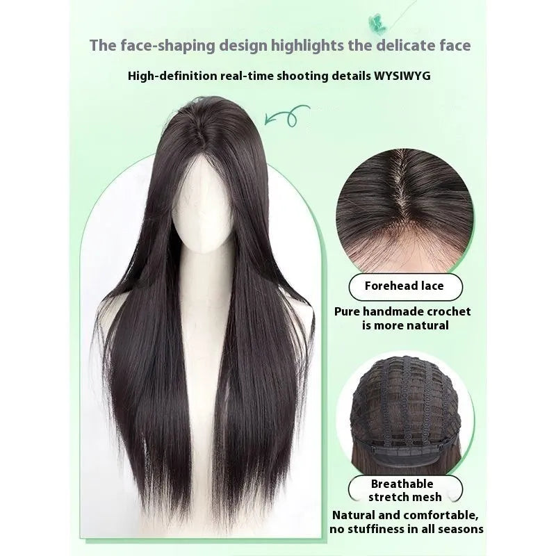 Women's full-head wig with seamless forehead lace construction in brown black colour