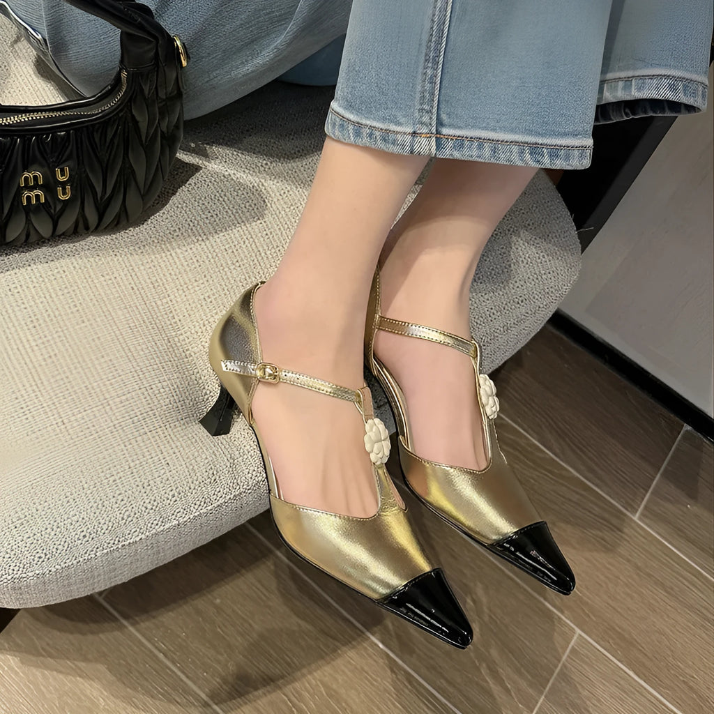 Gold women's pointed toe stiletto heel shoes with flower buckle decoration on ankle strap