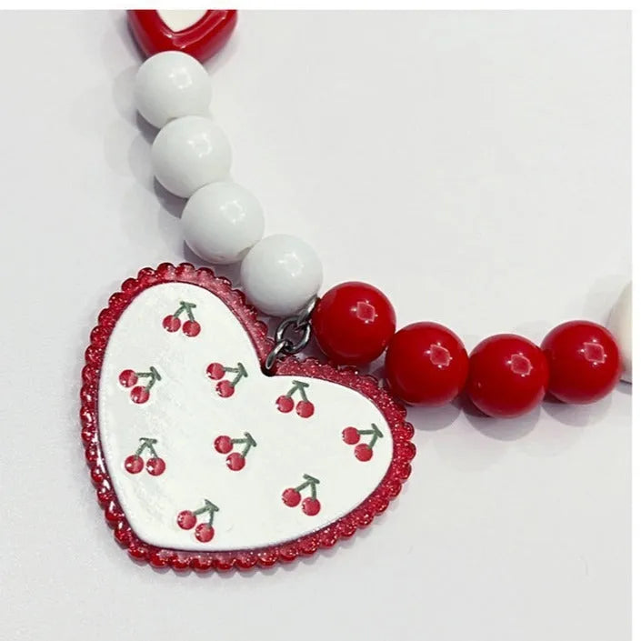 Red heart bead dog collar with flower pattern, princess style, available in sizes S M L