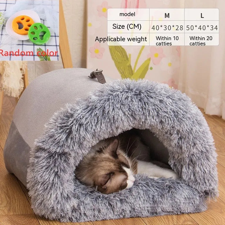 Splice Portable Pet Nest in brown with striped plush, moisture-proof base, suitable for small dogs and cats