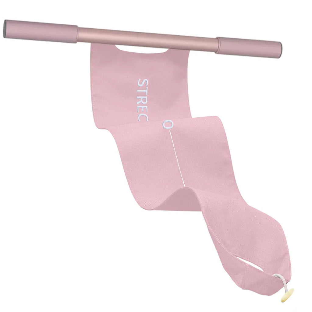Grey and pink yoga stretching tool for shoulder, back and hip flexibility exercises.