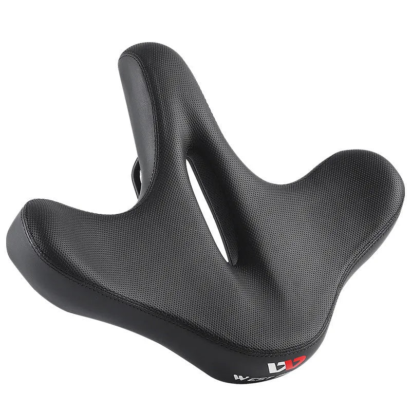 Black large thick bicycle saddle cushion made of polyurethane foam for shock absorption.