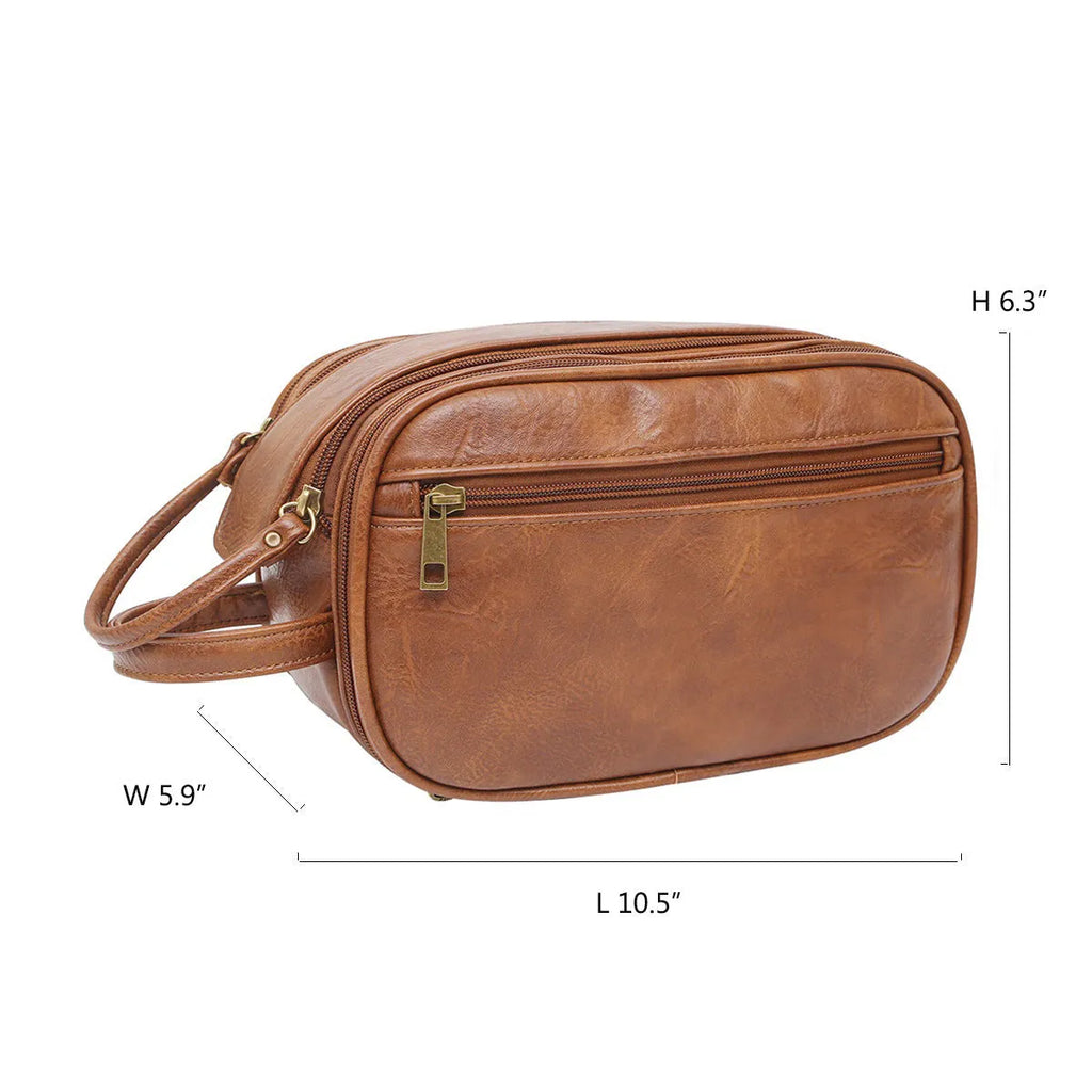 Black men's PU leather compact travel toilet bag for grooming storage.