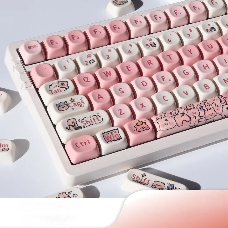 Pink PBT mechanical keyboard key cap with a detailed fragrant pig character design on all sides.