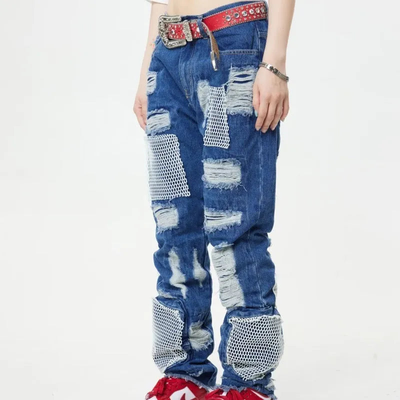 Men's heavy industry hole and patch straight jeans in black or blue, mid waist, cotton, sizes XL 2XL 3XL