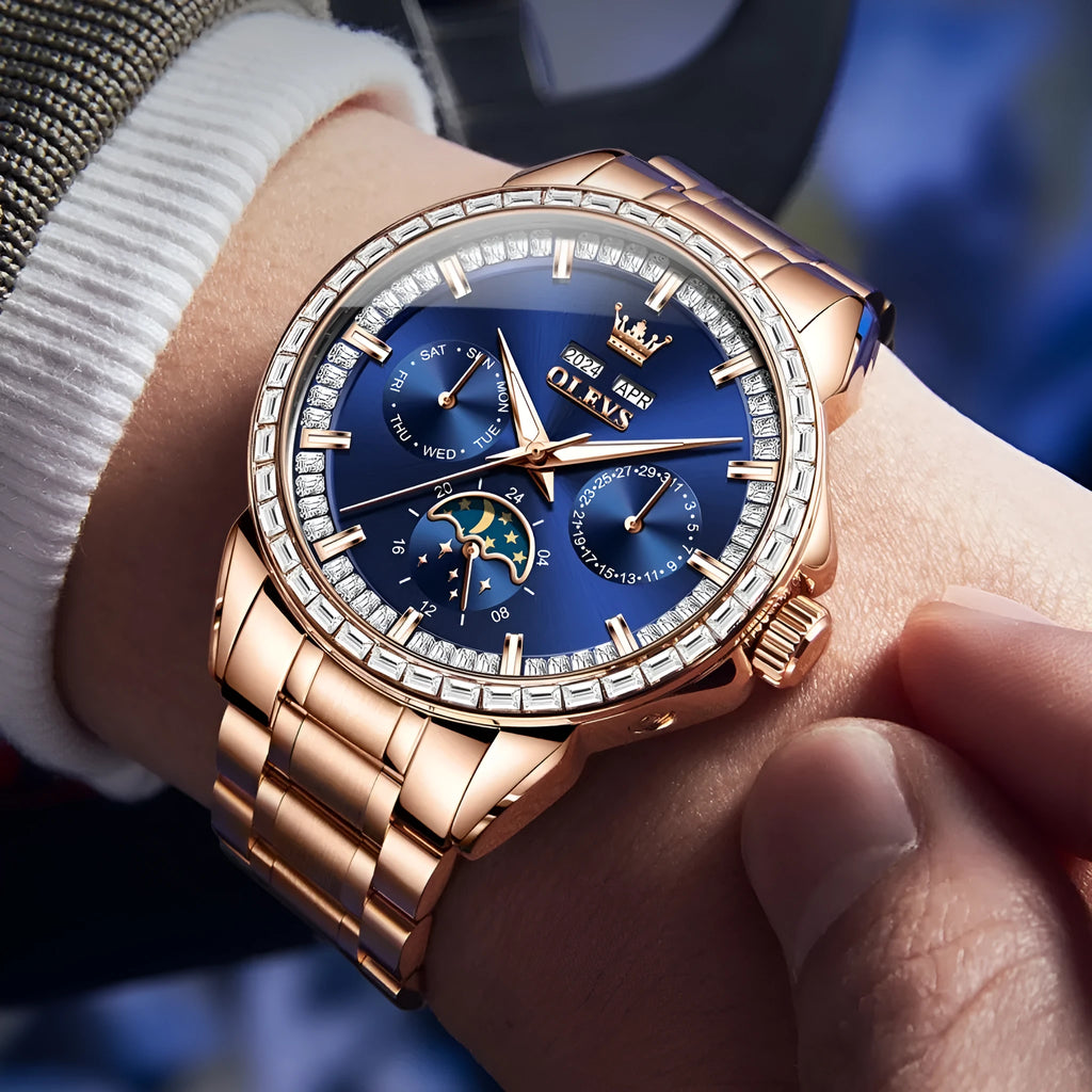 Men's stainless steel automatic chronograph watch with diamond dial and transparent case back.