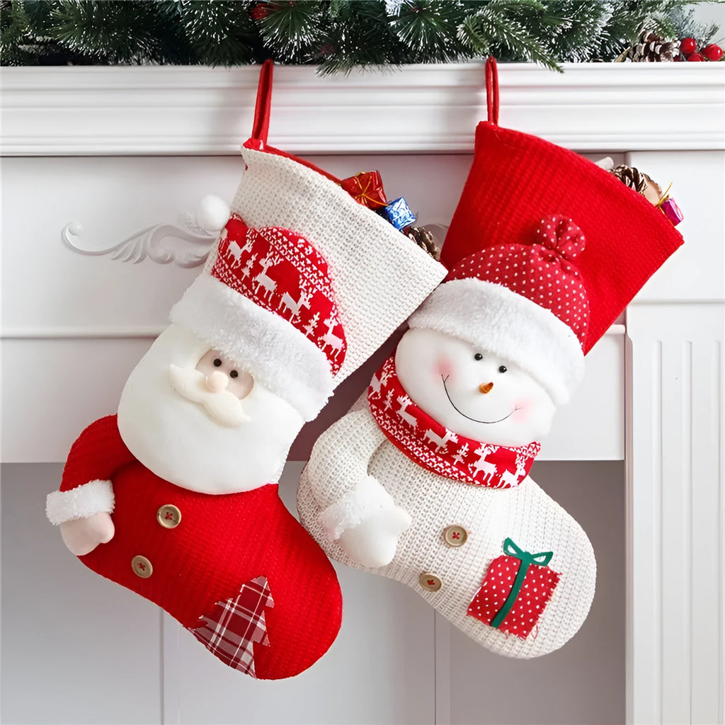 Large red and white knitted Christmas stocking with Santa Claus design hanging from fireplace