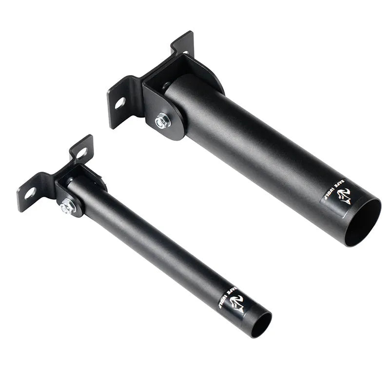 Black steel wall rack with 25 tubes for storing barbells and rods.