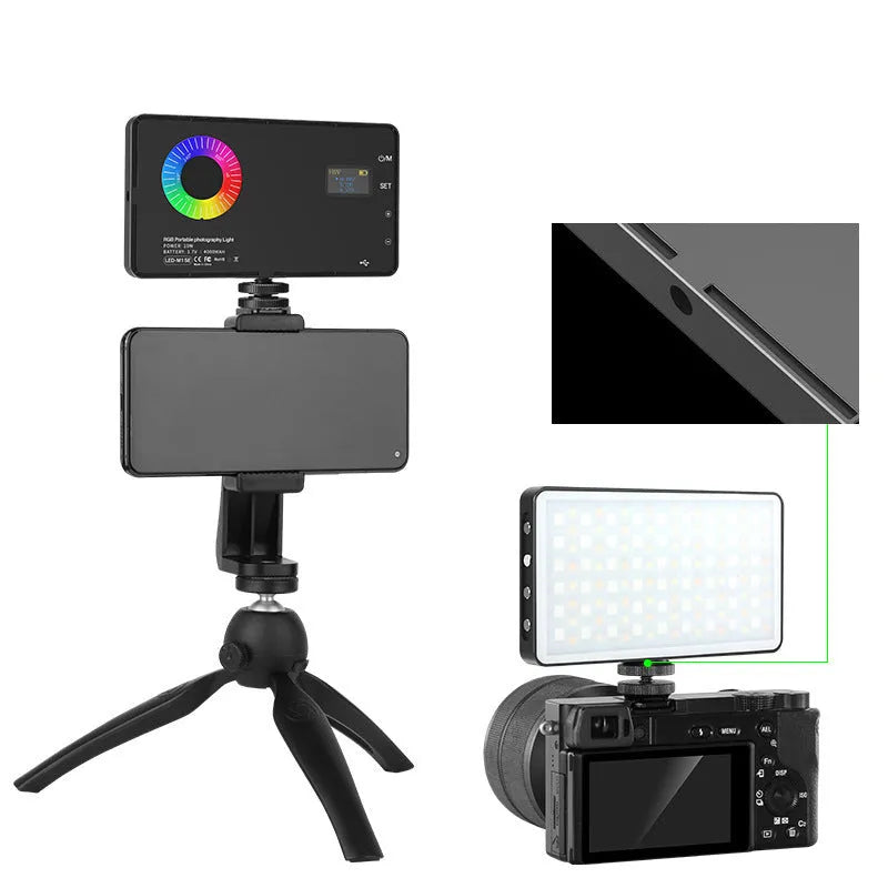 Portable LED RGB fill light in black, compact size 13.9cm, with adjustable brightness for indoor video