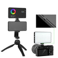 Portable LED RGB fill light in black, compact size 13.9cm, with adjustable brightness for indoor video