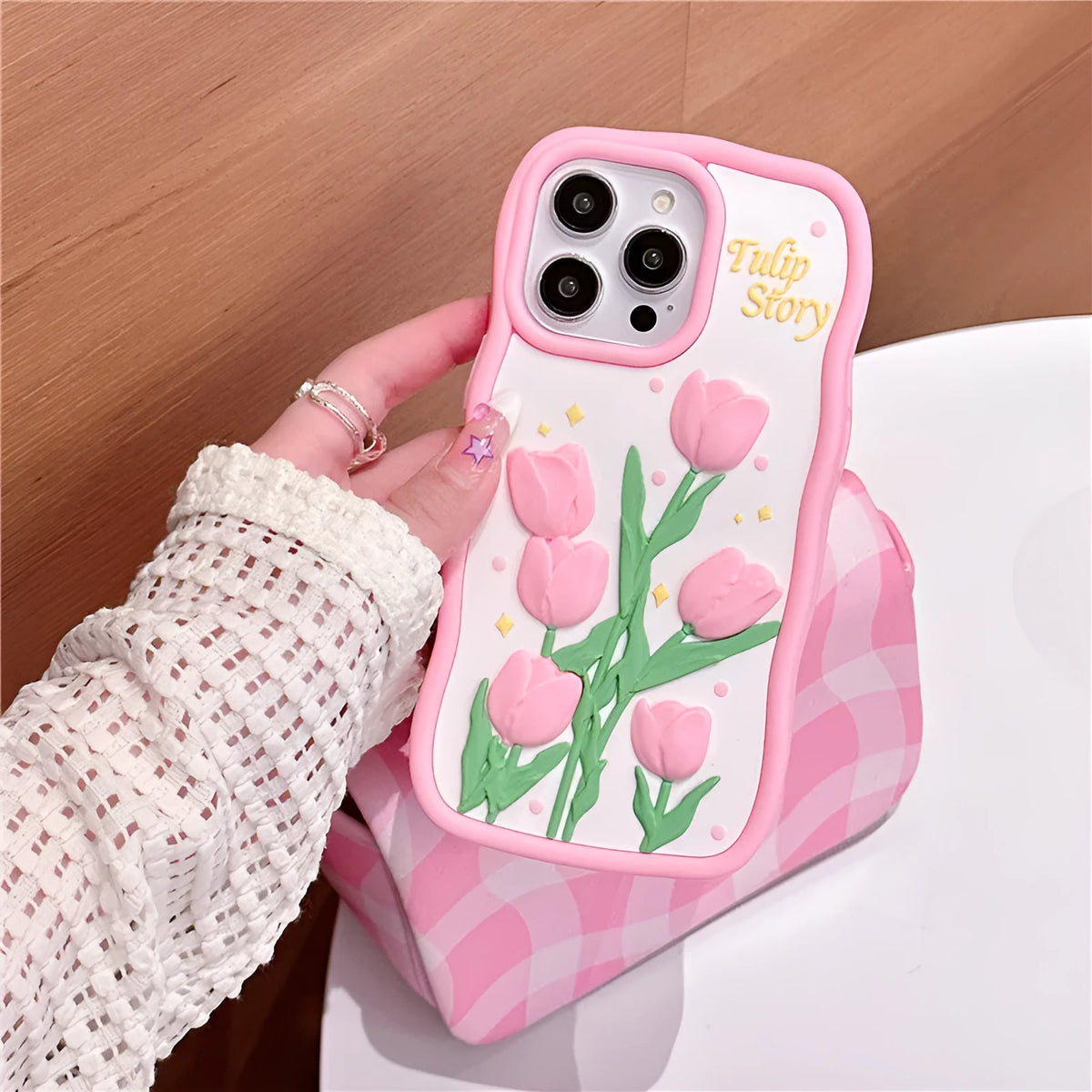 3D tulip silicone iPhone case with frosted finish, pink and colour matching, fall protection cover