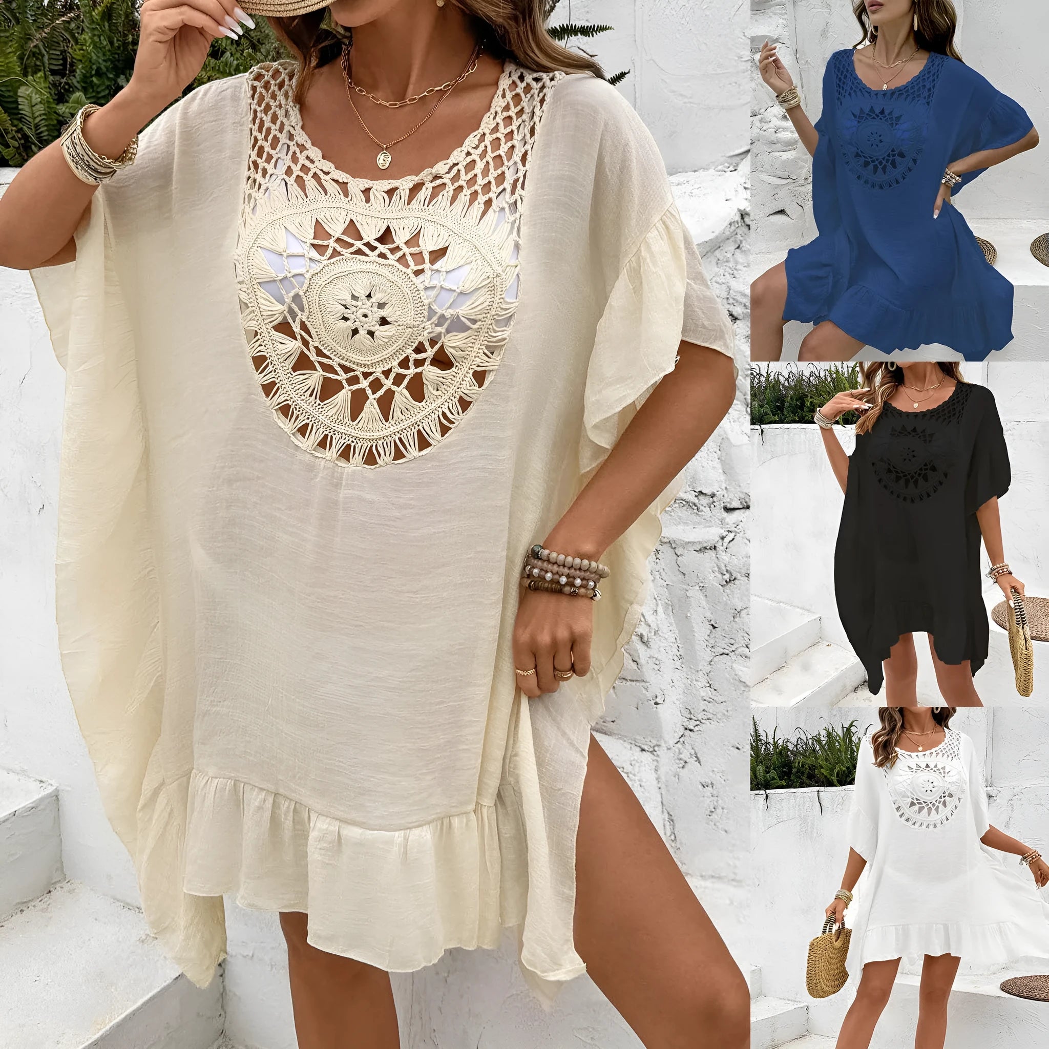 Crochet patchwork tassel dress in slubbed fabric available in apricot, black, blue, and white colours