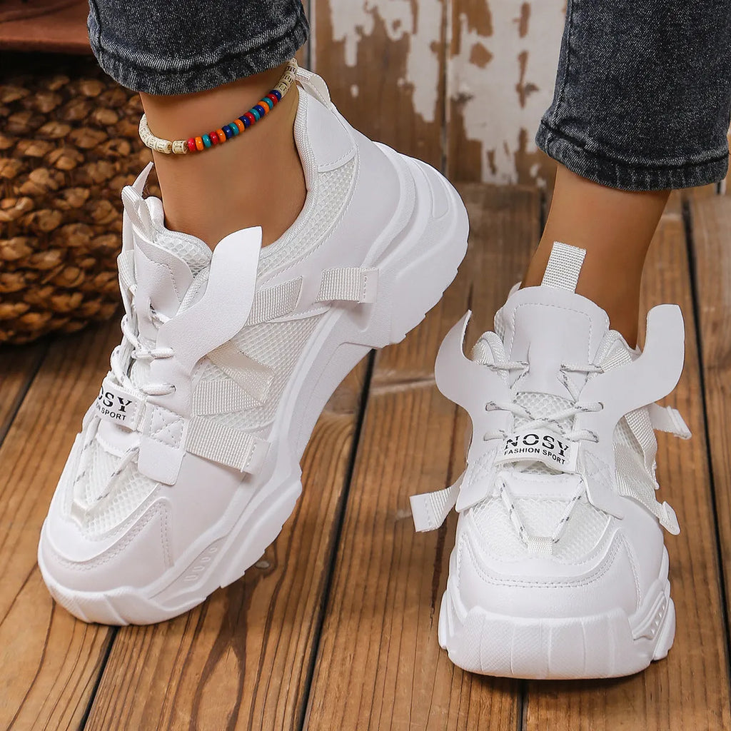 Women's purple platform mesh sports shoes with animal pattern and front lace-up design