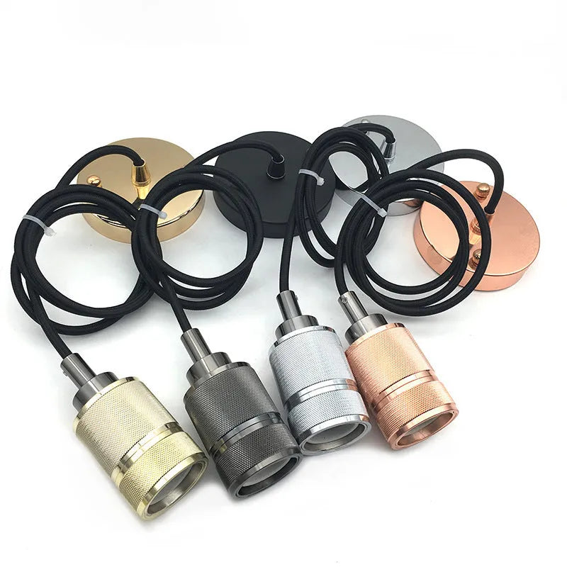 DIY retro chandelier assembly components showing braided cord and electroplated lamp holder in chrome finish