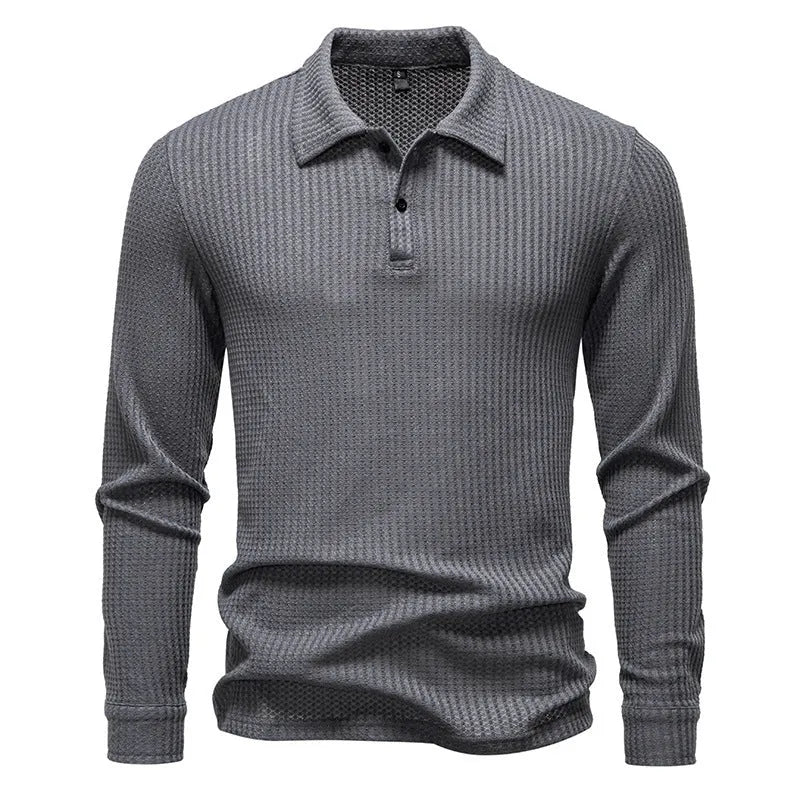 Men's waffle fabric long sleeve lapel t-shirt in black, straight fit pullover